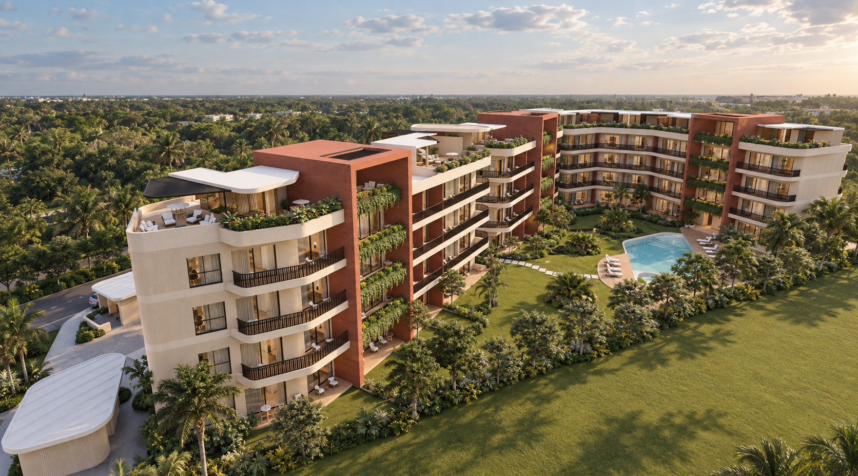 Aerial view of Ágata Condo Hotel in Aldea Downtown, Punta Cana