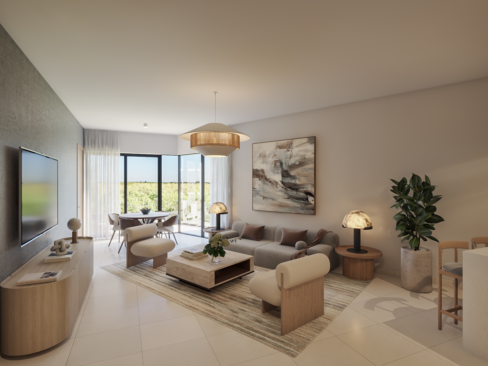 Living room of a type C one-bedroom corner apartment at Ágata