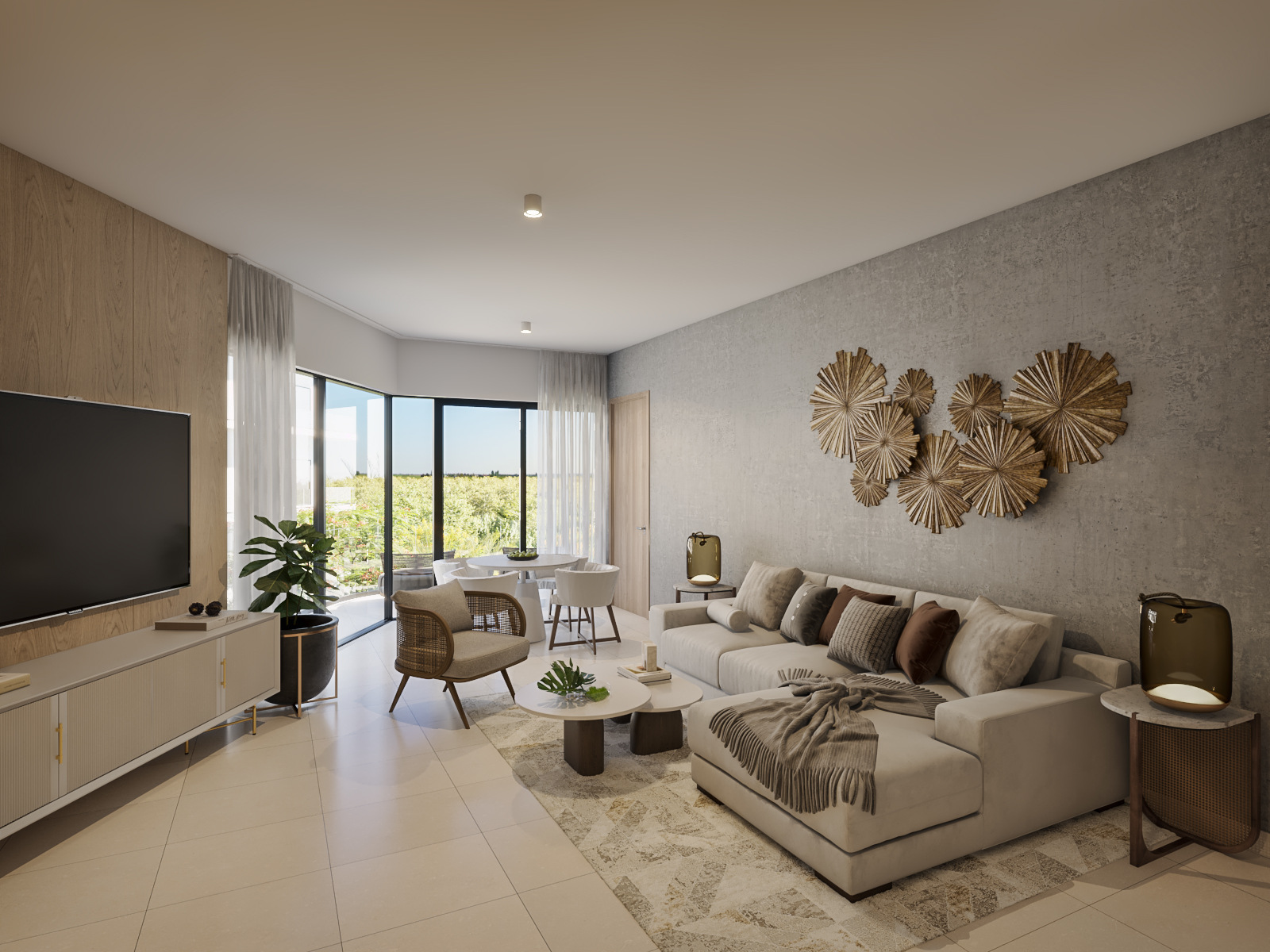 Living room of a type G two-bedroom corner apartment at Ágata