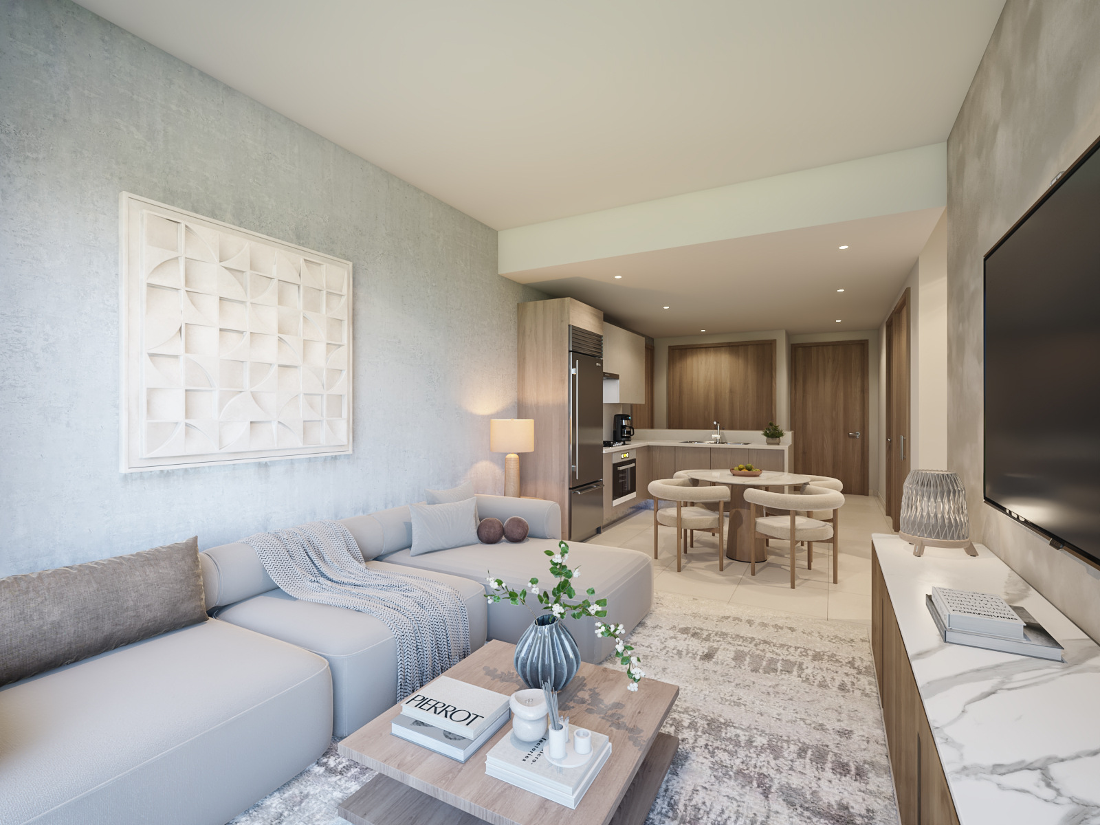 Living and dining area of a type H two-bedroom apartment at Ágata