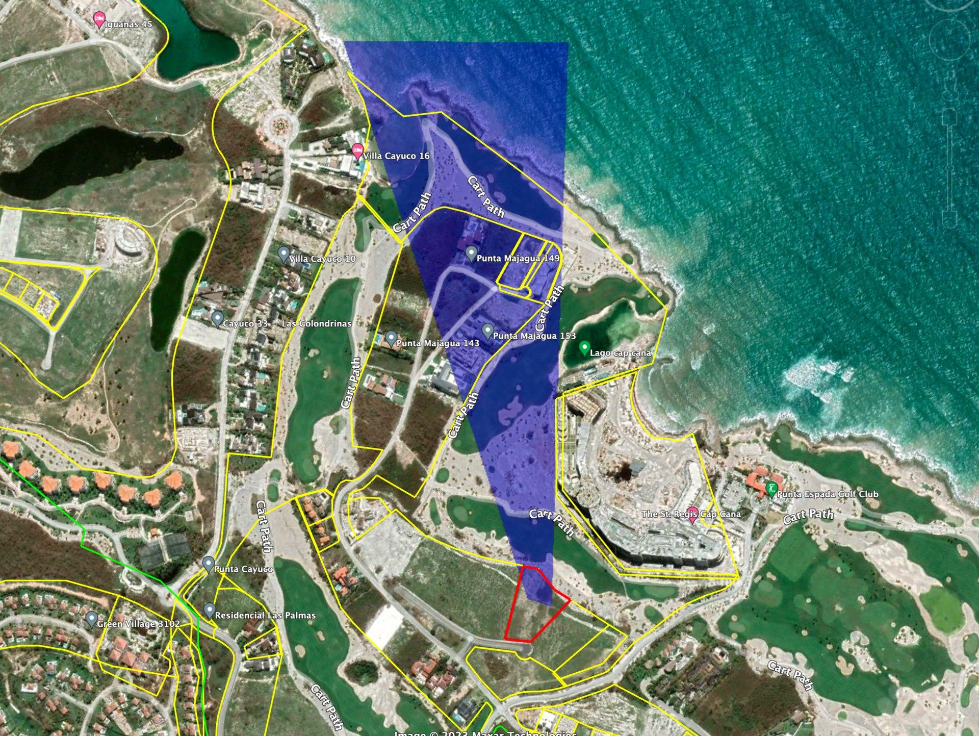 Satellite map of Lot 136 and its ocean view, near St. Regis Cap Cana
